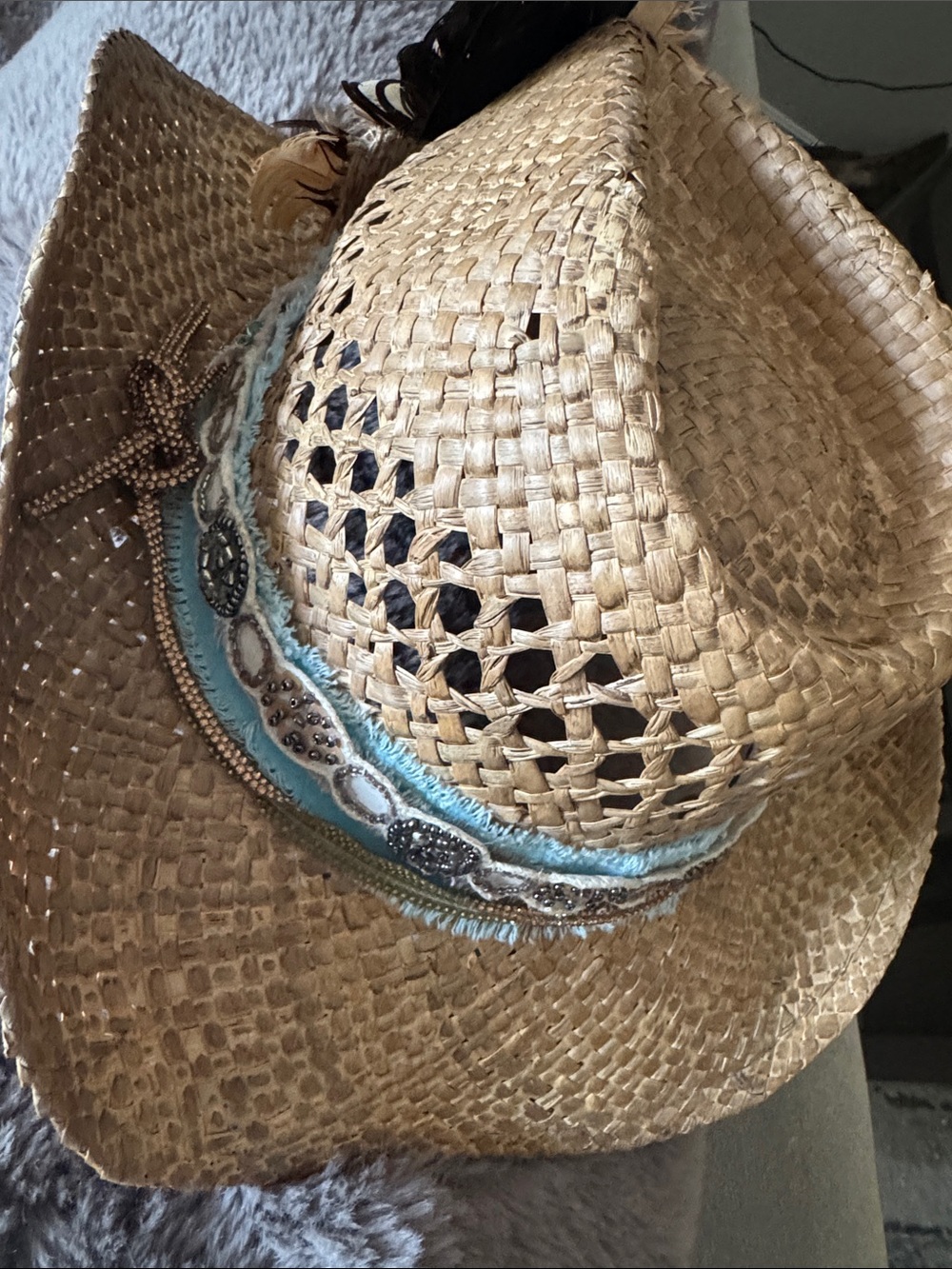 Straw Feather Embellished Cowboy Hat - Natural Tan with Black & Beige Feathers - Picture 2 of 4